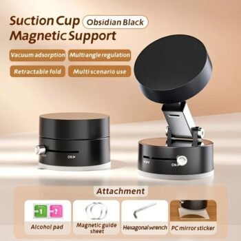 Foldable Magnetic Phone Holder with Suction Cup – 360° Adjustable Aluminum Bracket for Car, Gym & Home